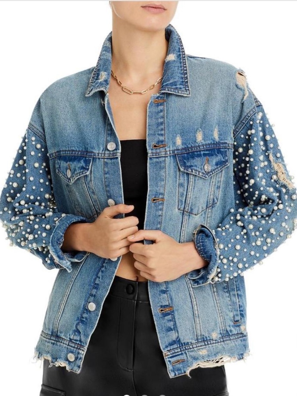 Sunset + Spring Pearl Embellished Denim Jacket - XS